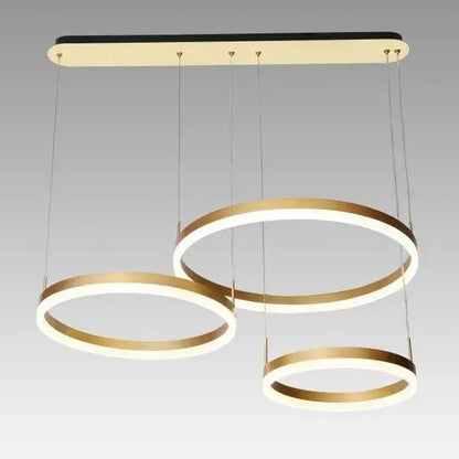 Závesný LED luster s diaľkovým ovládaním PERU 150W, 3 kruhy, Studené/Teplé/Neutrálne svetlo, Stmievateľné, Lesklý zlatý, Nastaviteľná výška