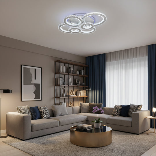 LED luster s diaľkovým ovládaním a kryštálom NOVA ROTONDA RGB 145W, 6 kruhov, Studené/Teplé/Neutrálne svetlo, Stmievateľné, Biele Krištáľové LED Lustre Predvolený názov Alessandro Design