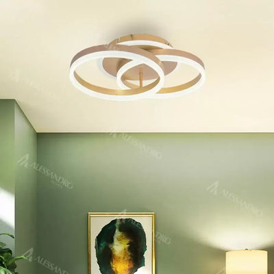 LED túžba s diaľkovým ovládaním Lyra, 120 W, 2 kruhy, stmievanie, kefované zlato, studené/horúce/neutrálne svetlo