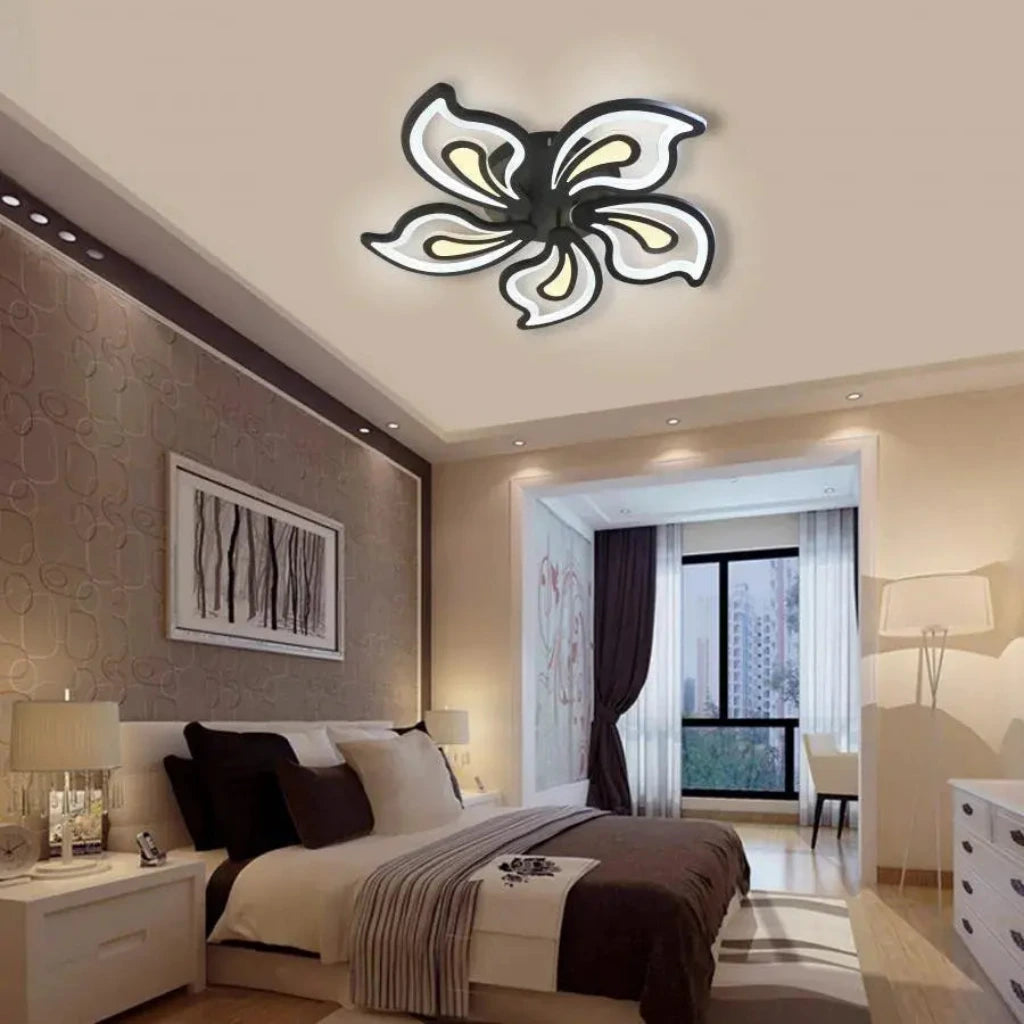 LED luster s nádherným diaľkovým ovládaním, 150 W, 5 okvetných lístkov, studeného/horúce/neutrálne svetlo, nestabilné, čierne