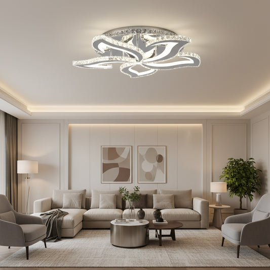 LED luster s diaľkovým ovládaním a krištáľom Alejandro RGB 88W, 5 kvetov, studené/teplé/neutrálne svetlo, stmievateľné, lesklý chróm