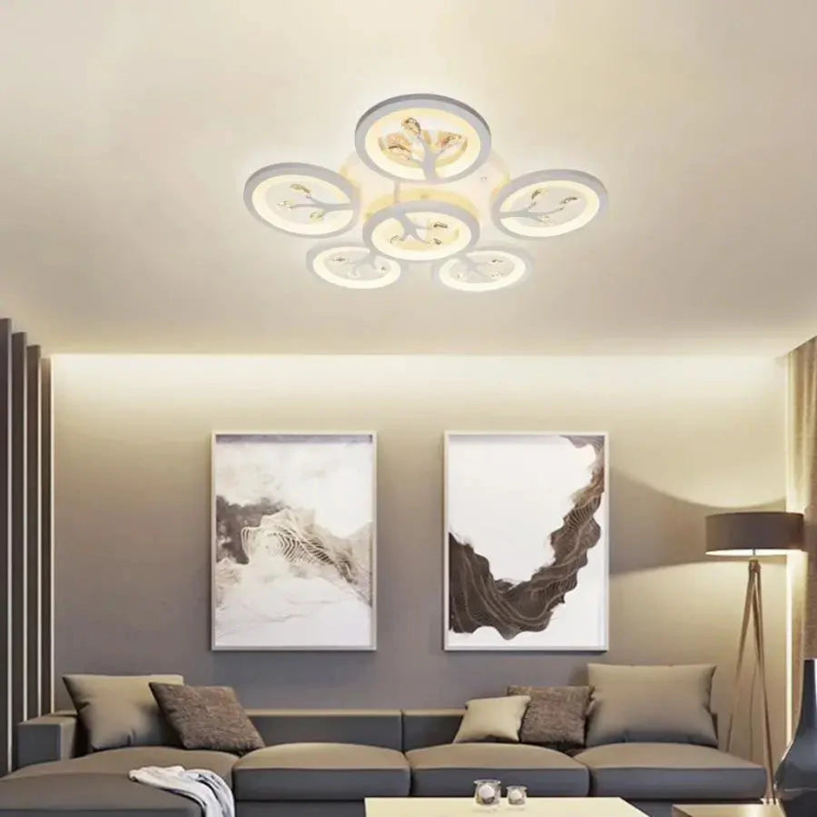 LED luster s diaľkovým ovládaním Daisy, 6 položiek, 72 W, studeného/horúceho/neutrálneho svetla, nestabilné, biele s kryštálom