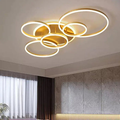 LED túžba s diaľkovým ovládaním Lyra, 248 W, 5 kruhov, lúčov, kefované zlato, studené/horúce/neutrálne svetlo