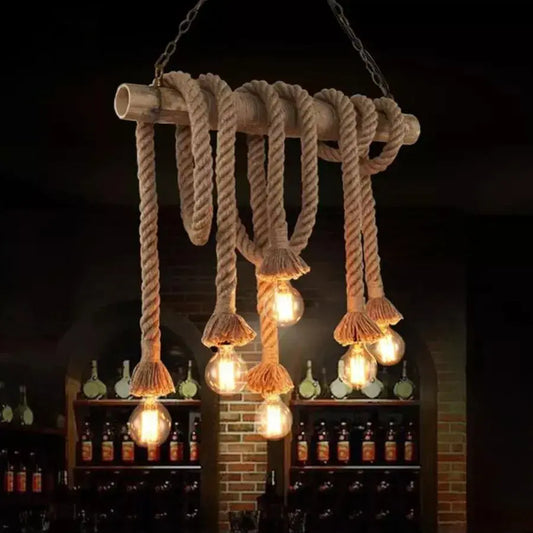 Retro luster, 6*e27, hnedé, bambusové a lano