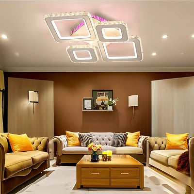 LED luster s diaľkovým ovládaním a kryštálom TERRANO RGB 162W, 4 štvorce, studené/teplé/neutrálne svetlo, stmievateľné, lesklá chrómová biela