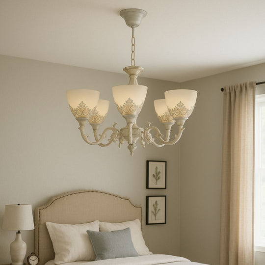 VINTAGE Luster, Závesný typ s ramenami, COTTAGE, Kruhový, 5xE27, Sklo a kov, Biely Klasické Lustre Predvolený názov Alessandro Design