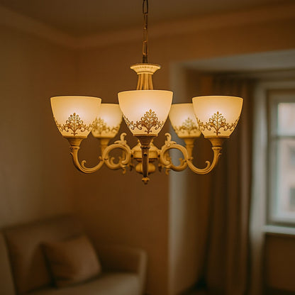 Rustikálny luster chaty, 5*e27, biely, kov a sklo