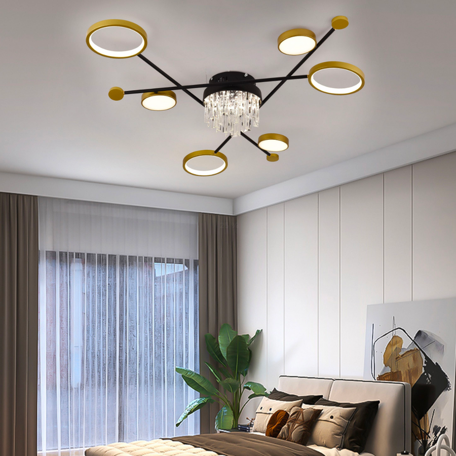 Lustra LED cu telecomanda si cristal GUIDA 38W, 6 Elemente, lumina Rece/Calda/Neutra, Dimabila, Negru Auriu