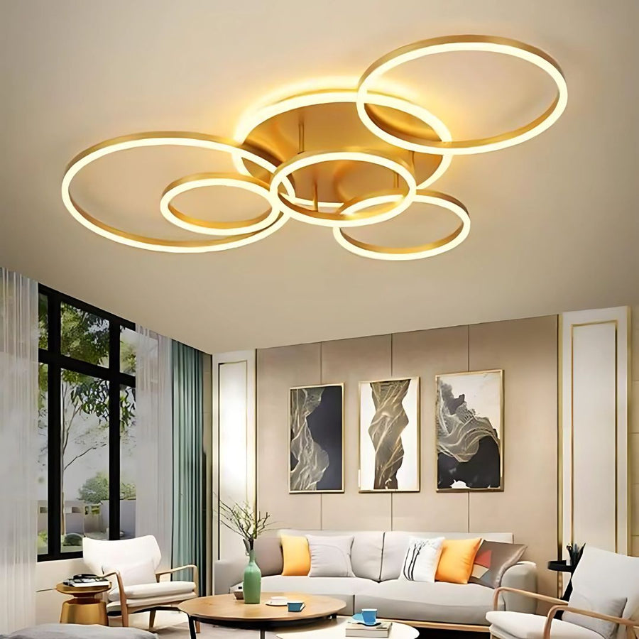Lustra LED cu Telecomnda DARIO, 5 cercuri, 120W, Lumina Calda/Rece/Neutra, Dimabila, Auriu