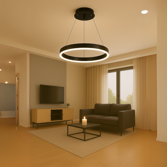 Závesný LED luster s diaľkovým ovládaním ANINA 34W, 1 kruh, studené/teplé/neutrálne svetlo, stmievateľné, čierne, výškovo nastaviteľné LED luster s diaľkovým ovládaním Predvolený názov Alessandro Design