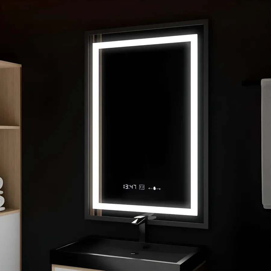 Zrkadlo LED obdĺžnikový 60x80cm Verite Majeste Noir Motion Glow Marcello Clock DeFRost & Smutable Therometer
