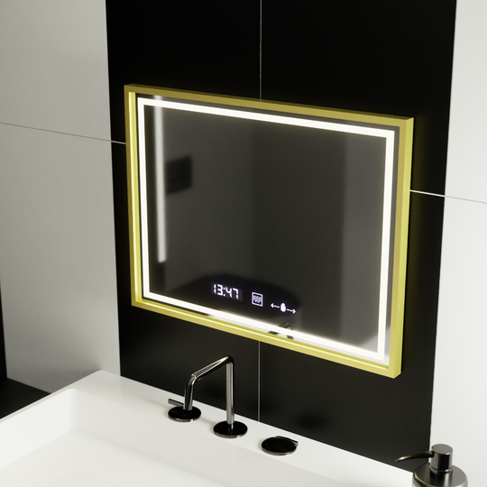 Obdĺžnikové LED zrkadlo 80 x 60 cm Verite Royale Gold s MotionGlow, systémom odhmlievania, hodinami a teplomerom