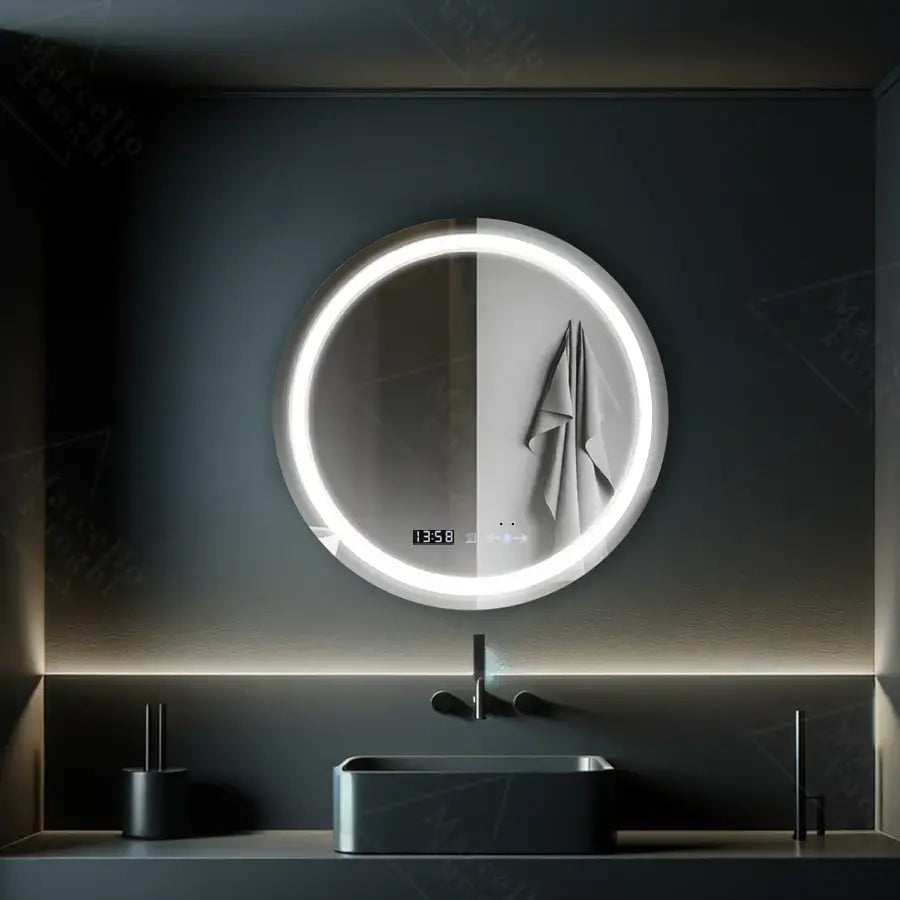 Okrúhle LED zrkadlo 70 cm Celeste Motionglow Marcello Smoteble Clock Defosting System