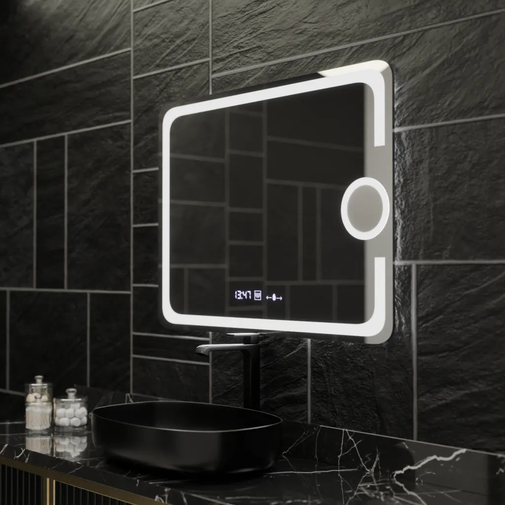 Zrkadlové obdĺžnikové obdĺžnikové 80x60cm Eclat Motionglow Marcello Clock Defrition System & Wolf Termometer Smoteble Cosmetic