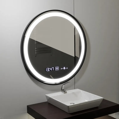 60 cm okrúhle LED zrkadlo Majesté noir Motionglow Marcello Smoteble Clock Defosting System