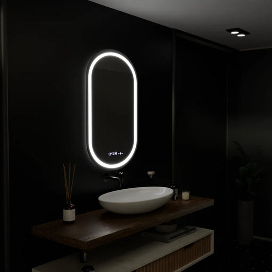 Oválne LED zrkadlo 50x80cm Eminence Motionglow MARCLELEL SMEABLE CLOCK SYSTÉM A SMIELOBNÝ TERMOMERMOMOMOMOMOMER