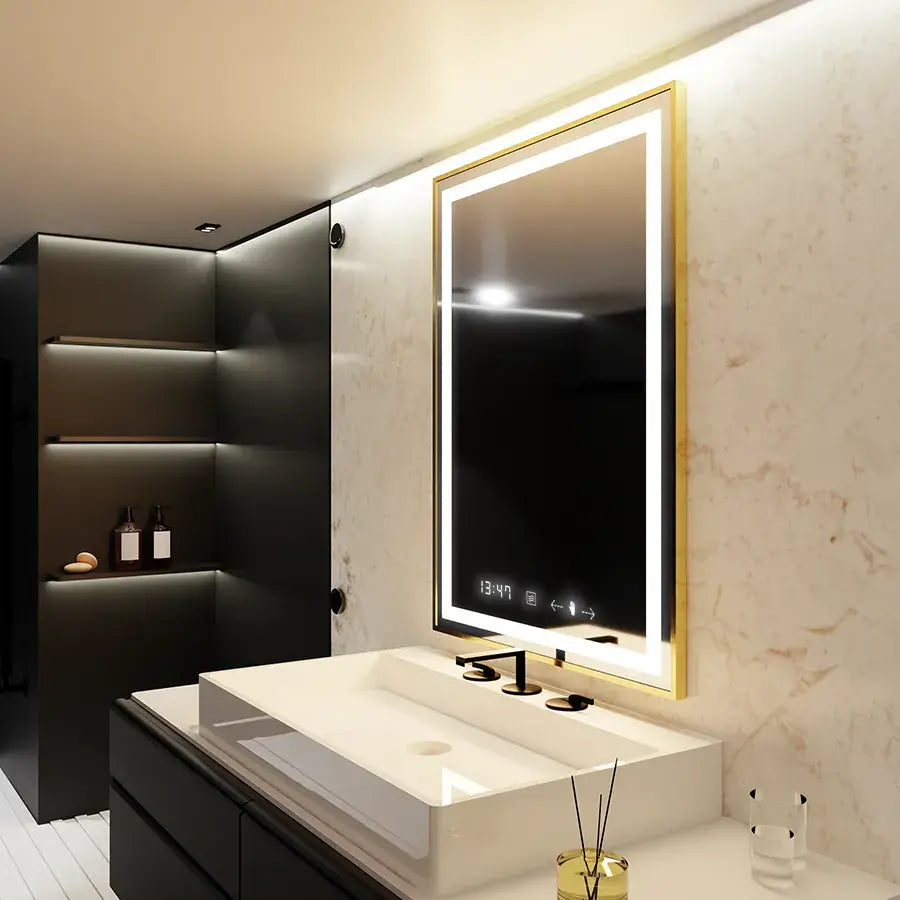 Zrkadlo LED obdĺžnik 75x90cm Verite Royale Gold Motionglow Marcello Smoteble Clock Defosting System