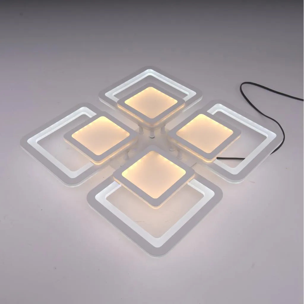 LED luster so sezamovým diaľkovým ovládaním, 77 W, 4 štvorce, studené/horúce/neutrálne svetlo, nestabilné, biele