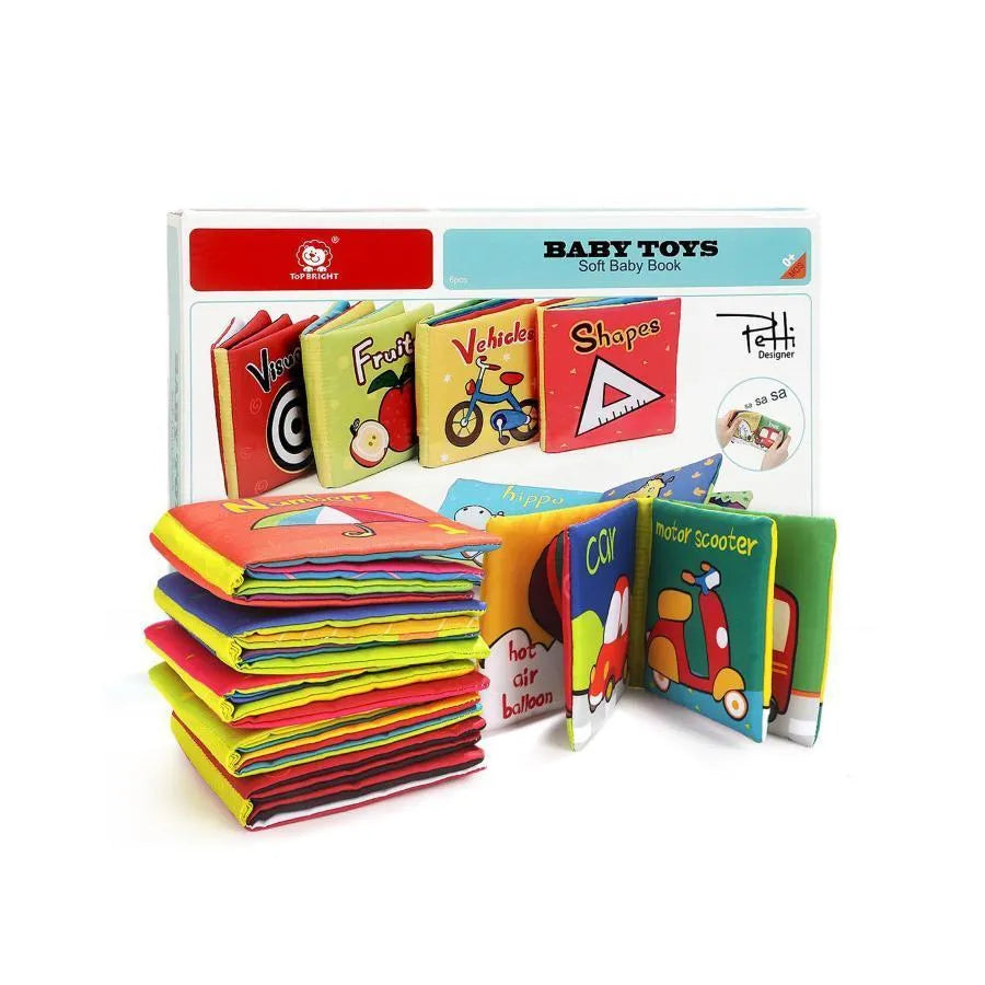 Nastavte 6 kariet v textile s vozidlami, geometrickými tvarmi, vizuálnymi obrázkami, číslami, zvieratami a ovocím, 6 kusov, textilu