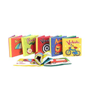 Nastavte 6 kariet v textile s vozidlami, geometrickými tvarmi, vizuálnymi obrázkami, číslami, zvieratami a ovocím, 6 kusov, textilu