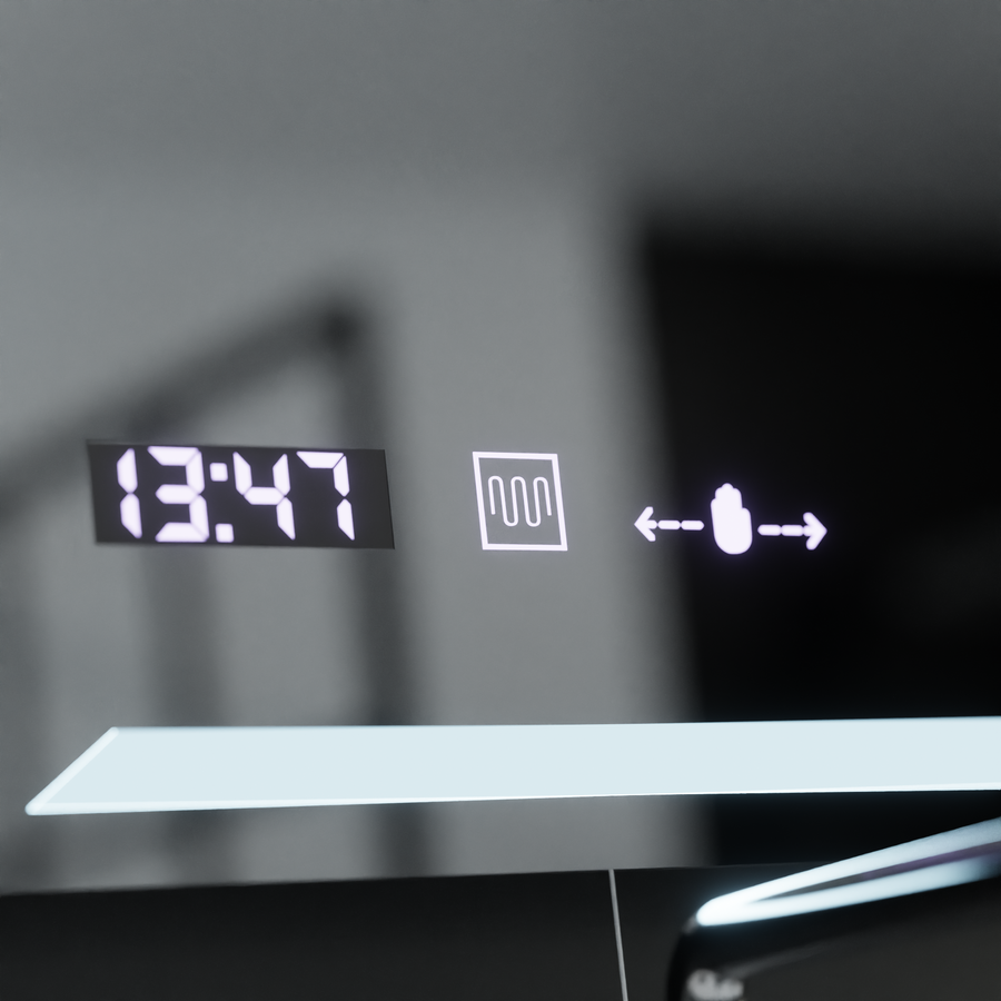 Obdĺžnikové LED zrkadlo, 60x80cm, Rayonnement MotionGlow Marcello, Demister System, Hodiny & Teplomer, Stmievateľné