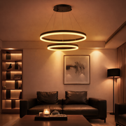 Závesný LED luster s diaľkovým ovládaním CASIANA 40W, 2 kruhy, studené/teplé/neutrálne svetlo 3000K/4000K/6000K, stmievateľné, čierny, nastaviteľná výška, kov a akryl